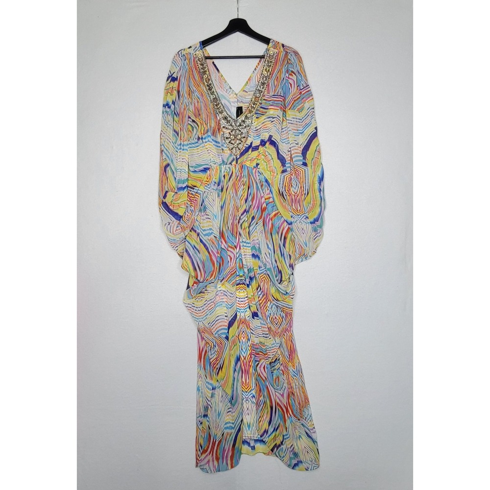 Orna Farho Paris Embellished Maxi Dress Multi-Color Abstract Draped Kaftan Sz 38